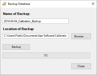 Backup Database Dialog - Calibration Management