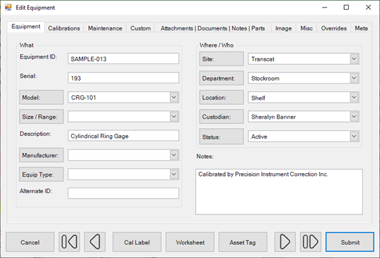 Equipment Edit Dialog