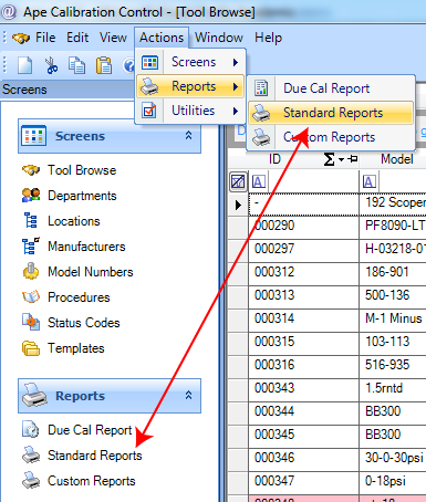 Calibration Management Report Menu