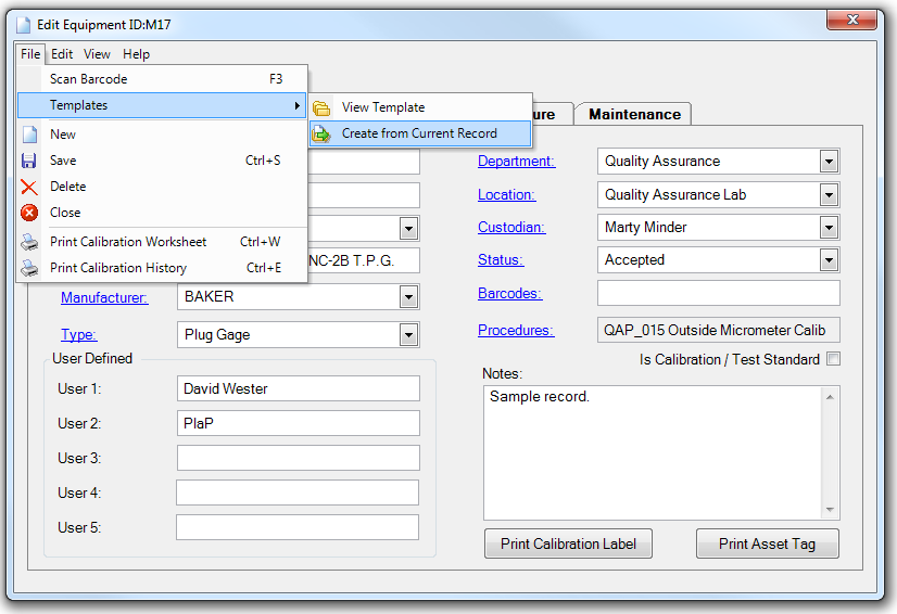 Templates via Equipment Edit Dialog