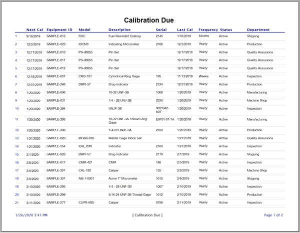 Calibration Due Report