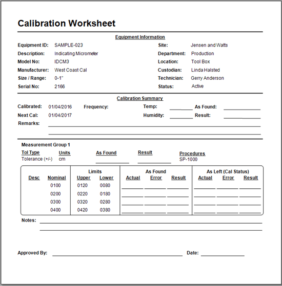 Calibration Worksheets