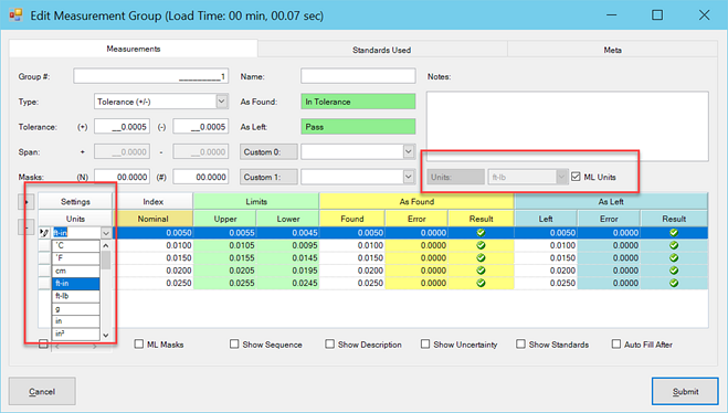 Calibration Event Measurement Group Edit Measurement Level