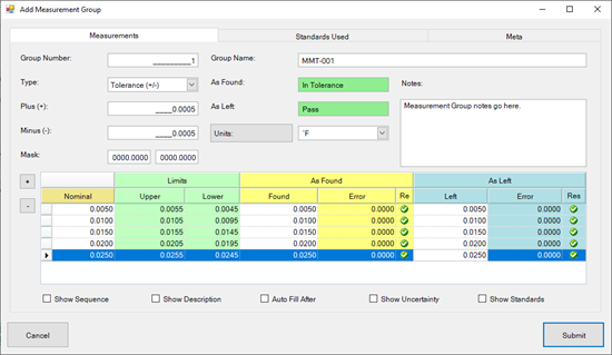 Calibration Event Measurement Groups