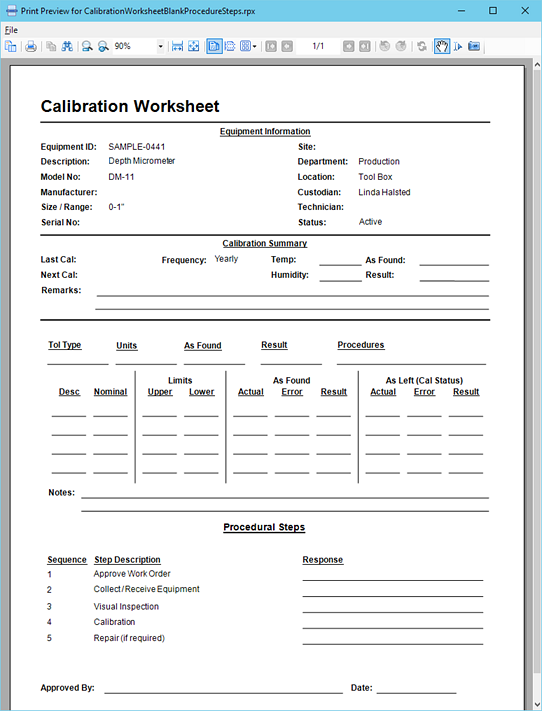 Calibration Worksheet - Blank - Procedural Steps