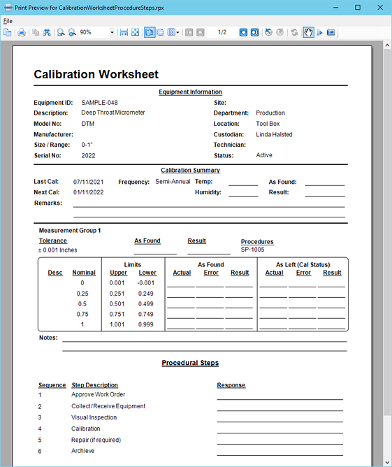 Calibration Worksheet with Procedural Steps