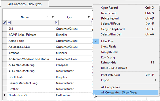 Context Menu Companies Types