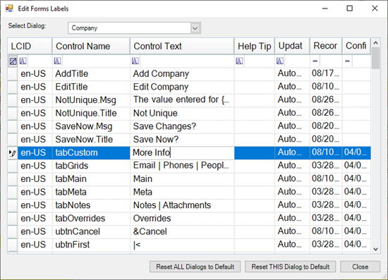 Edit Forms Labels Dialog