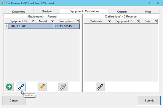 Link Equipment or Calibrations in Edit Document Dialog