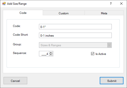 Edit Sizes and Ranges Dialog