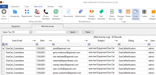 Mail Activity Auto Emails Log Grid