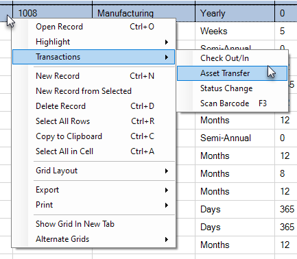 Asset Transfer Equipment Grid Context Menu