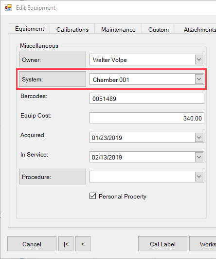 Link Equipment System in Edit Equipment Dialog