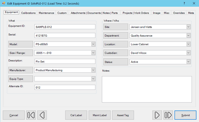 Edit Equipment tab