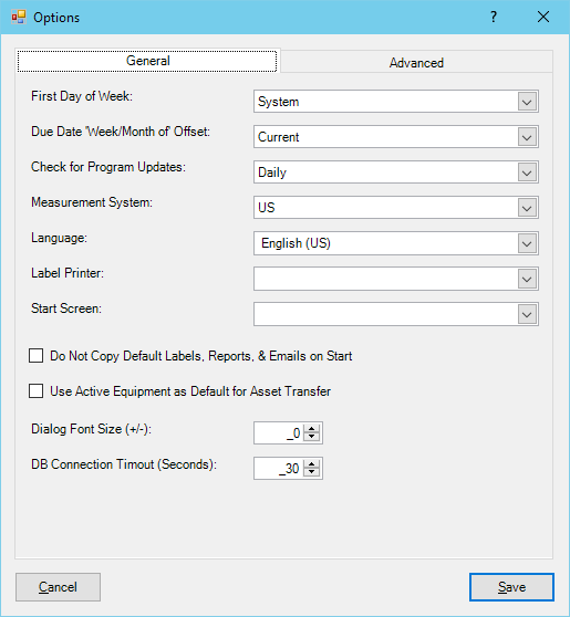 Measurements in the Options Dialog