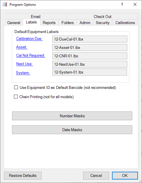 Program Options - Labels