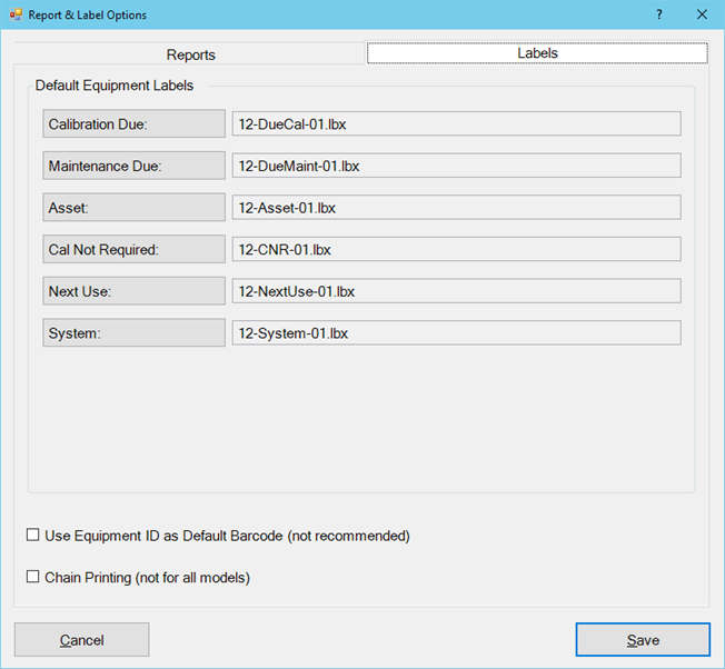 Program Options - Labels