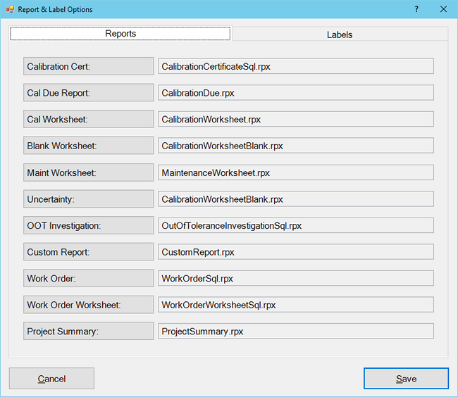 Labels and Reports Tab