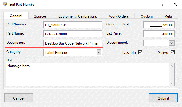 Category in Part Number Dialog