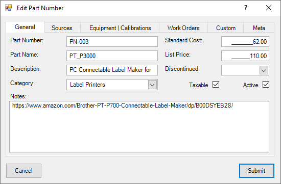 Part Numbers Dialog