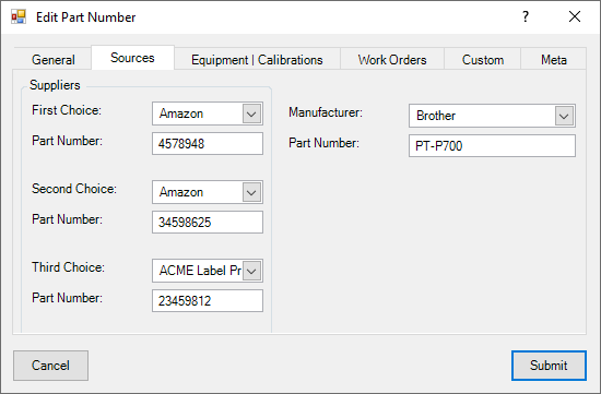 Part Numbers Sources