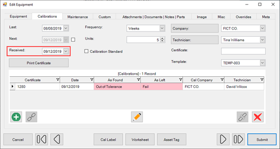 Received for Calibration