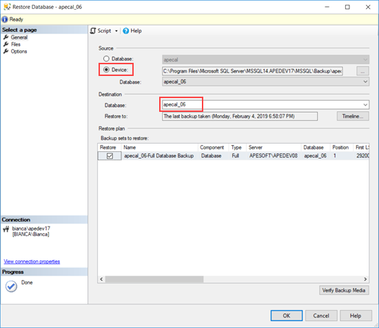 Restore apecal SQL database