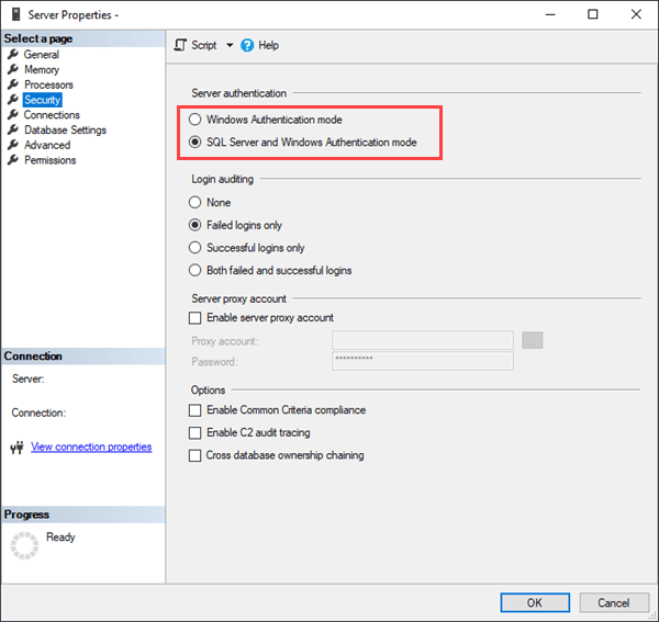 SSMS server properties - Security