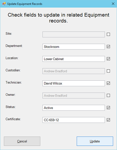 System Update Fields for Equipment Records