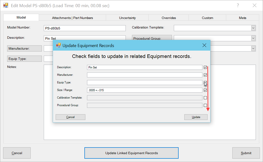 Edit Model Update Linked Equipment Records