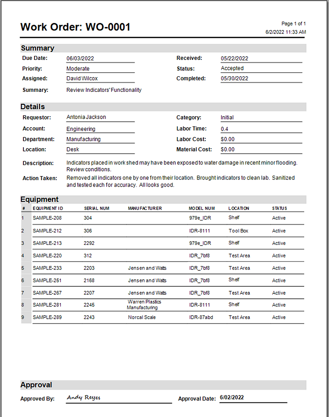 Print Work Order Report