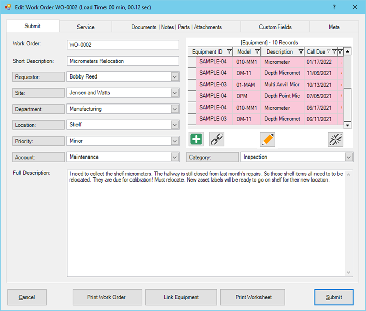 Work Order Submit Tab