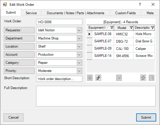 Work Order Submit Tab