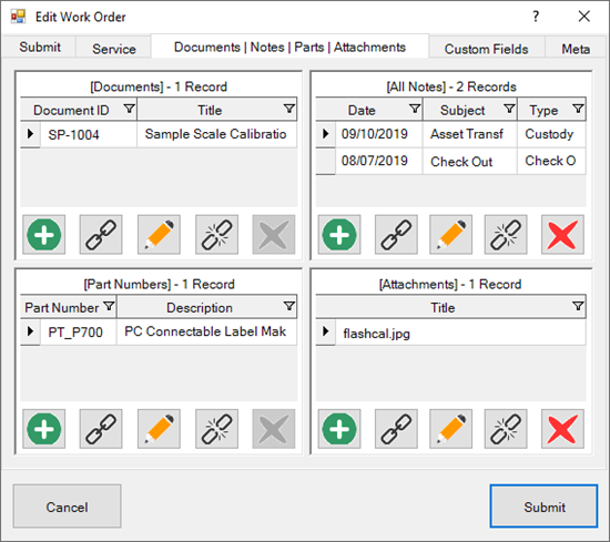 Work Order Documents/Notes/Parts/Attachments Tab