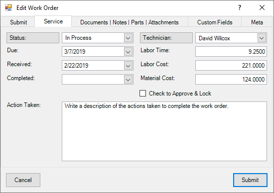 Work Order Service Tab